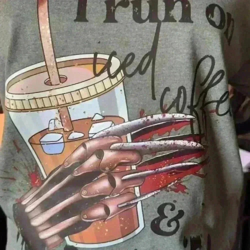 Green Homemade-Shirt (Coffee & Horror Movies) Size S - Picture 3 of 3